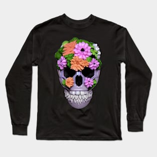 Skull flowers floral skull spooky skull 3d Long Sleeve T-Shirt